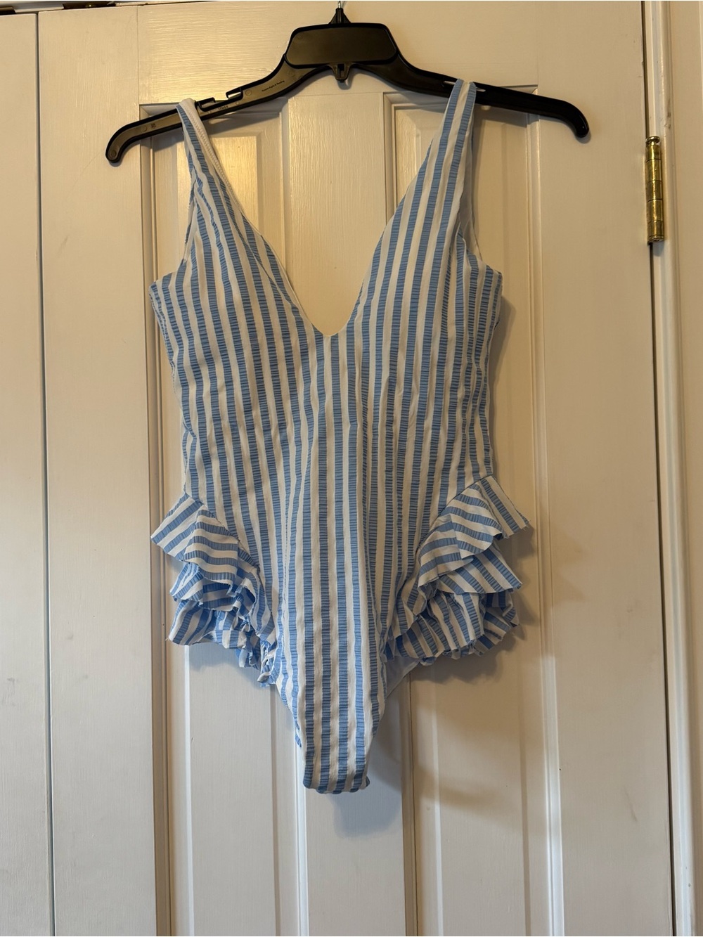 Paper London Blue & White Striped Ruffle Bottom One Piece Bathing Suit Sz Large